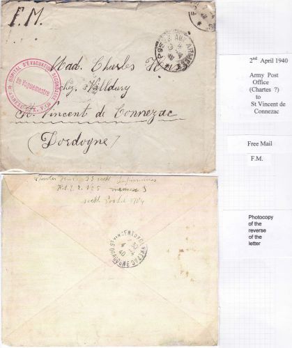 France 1940 army post office charles ? to st vincent de connezac free mail