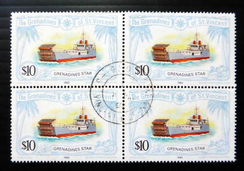 St vincent grenadines 1982 $10 ship sg224 fine/used block of 4 bin1597