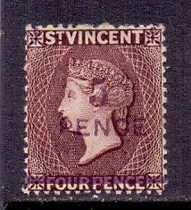 St Vincent. 5d on 4d LH Mint QV surcharged stamp.November 1892