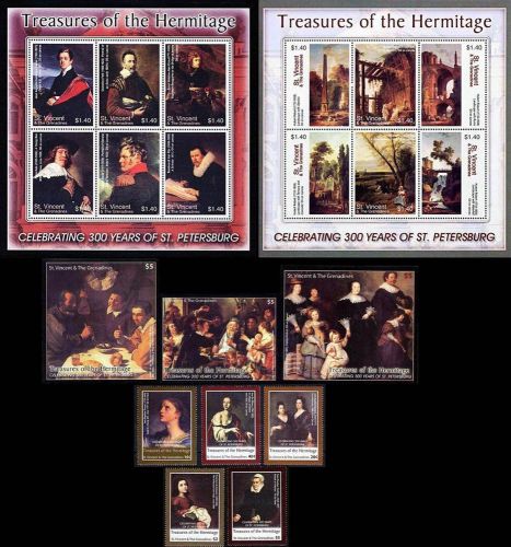 St.vincent 2003 hermitage paintings set + 2 s/s + m/s mnh
