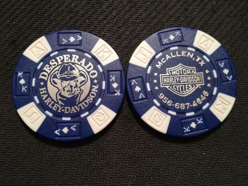 Harley davidson poker chip  (blue &amp; white)  &#034;desperado h-d&#034;  mcallen, texas