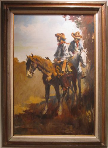 Vintage western american cowboys desperados morcos listed lrg fine oil painting