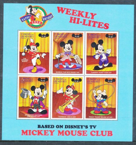 St Vincent 1998 70th Brirthday of Disney&#039;s Mickey Mouse sheetlet of 6