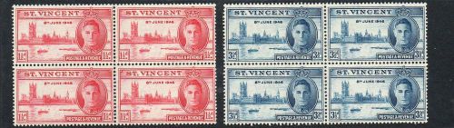 St vincent 1946 victory unmounted mint set blocks of 4 stamps