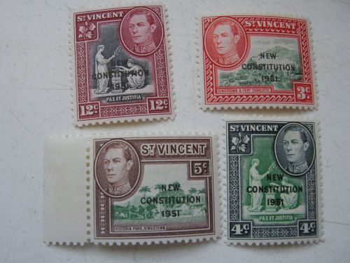 St Vincent 4 stamps 3,4,5,&amp; 12 cents KGVI MM O/P New Constitution 1951