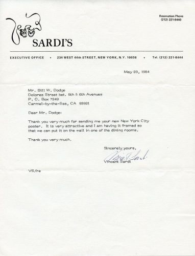 VINCENT SARDI, JR. - Sardi&#039;s Restaurant Signed Letter