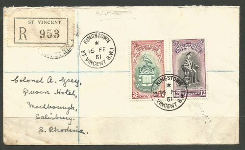 St vincent. 1951. university. registered first day cover to rhodesia. arrival &amp;