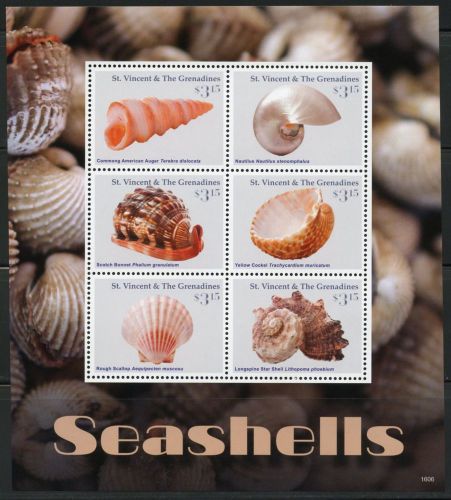 St. vincent grenadines 2016 seashells  sheet of six   mint nh