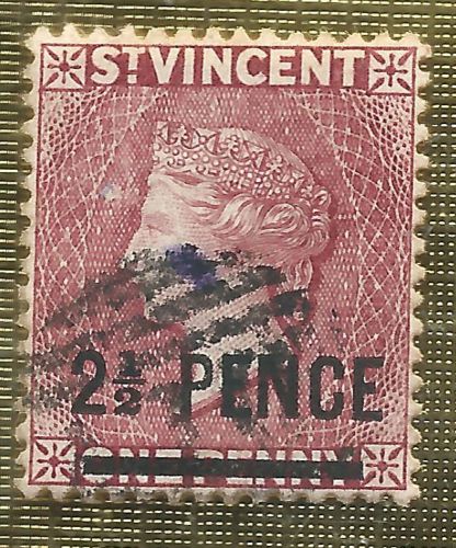 2 1/2d on 1dlake stamp 1883 - 84 st vincent queen victoria - ink spot on cheek