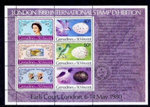 Birds, eggs, queen, stamp on stamp, st. vincent mnh ss - br01