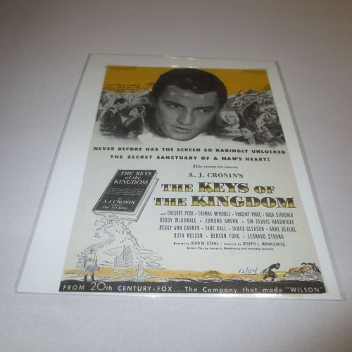 Vtg 1944 the keys of the kingdom gregory prck vincent price promo movie paper ad
