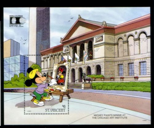 ST. VINCENT Mickey Paints Minnie at Art Institute of Chicago MNH souvenir sheet