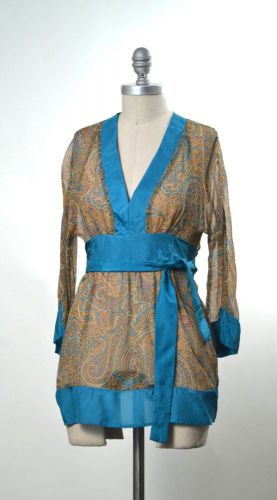 Twelfth St. by Cynthia Vincent Sheer Paisley Print Silk Chiffon Kimono Top 4/S
