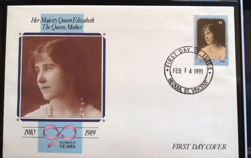 St vincent stamps,queen mothers  90th(1910-19)first day cover..dated 1990.$2.00