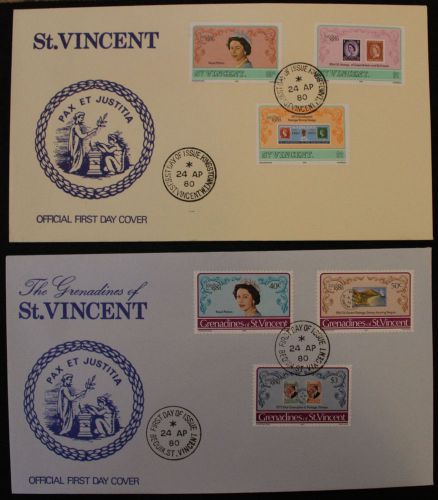 Six  london 1980 stamp exhibition  fdc inc antigua st vincent singapore