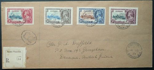 ST VINCENT 1935 SILVER JUBILEE KGV REGISTERED FDC COVER TO BRITISH GUIANA