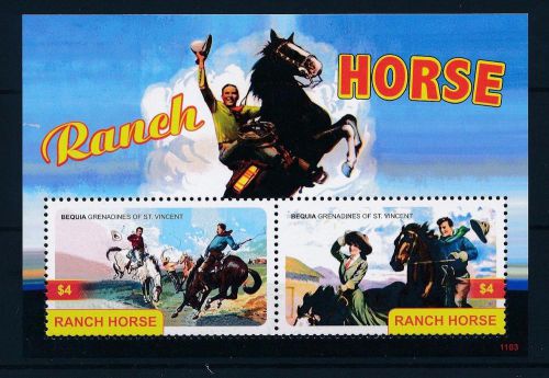 [33222] bequia st. vincent 2011 animals horses ranch mnh sheet
