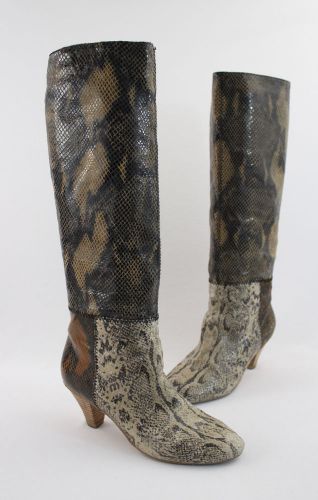 Cynthia Vincent Black Brown Multi Embossed Snakeskin Leather Knee Heel Boot Sz 6