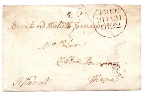 1822 PRE STAMP FREE FRONT SENT FROM BRENTWOOD TO &#039;THAMES&#039;. SIGNED Th. VINCENT.