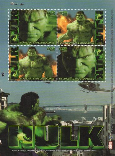 The incredible hulk 2003 marvel comics st vincent 5&#034;  x 6.5&#034; mnh stamp sheetlet