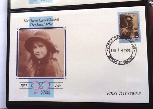 St vincent stamps,queen mothers  90th(1910-19)first day cover..dtd 1990.$2.00/3