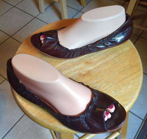 CYNTHIA VINCENT Brown Patent Leather Open Toe Stretch Ballerina Flats Shoes 9M