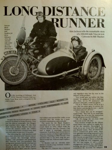 Vincent Black Shadow 100,000 mile marathon test, 4 page feature in 1991 magazine