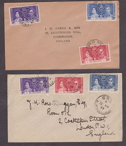 St. Vincent - 1937 Two 1st day coronation covers mailed to England