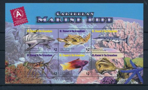 [33357] st. vincent &amp; grenadines 2010 marine life shark lobster fish mnh sheet