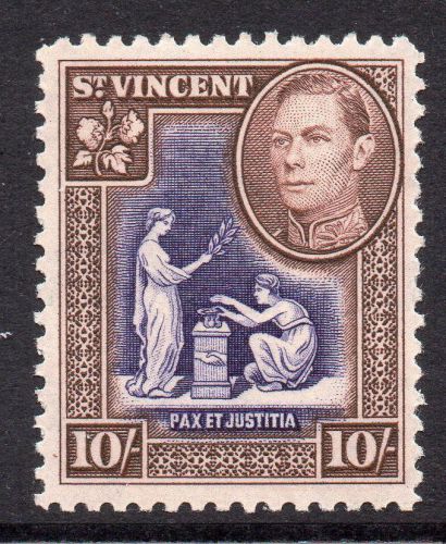 St Vincent 10/- Stamp c1938-47 Mounted Mint